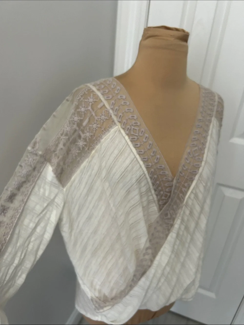 Free People Valley City Ivory Mesh Burnout Surplice Top
